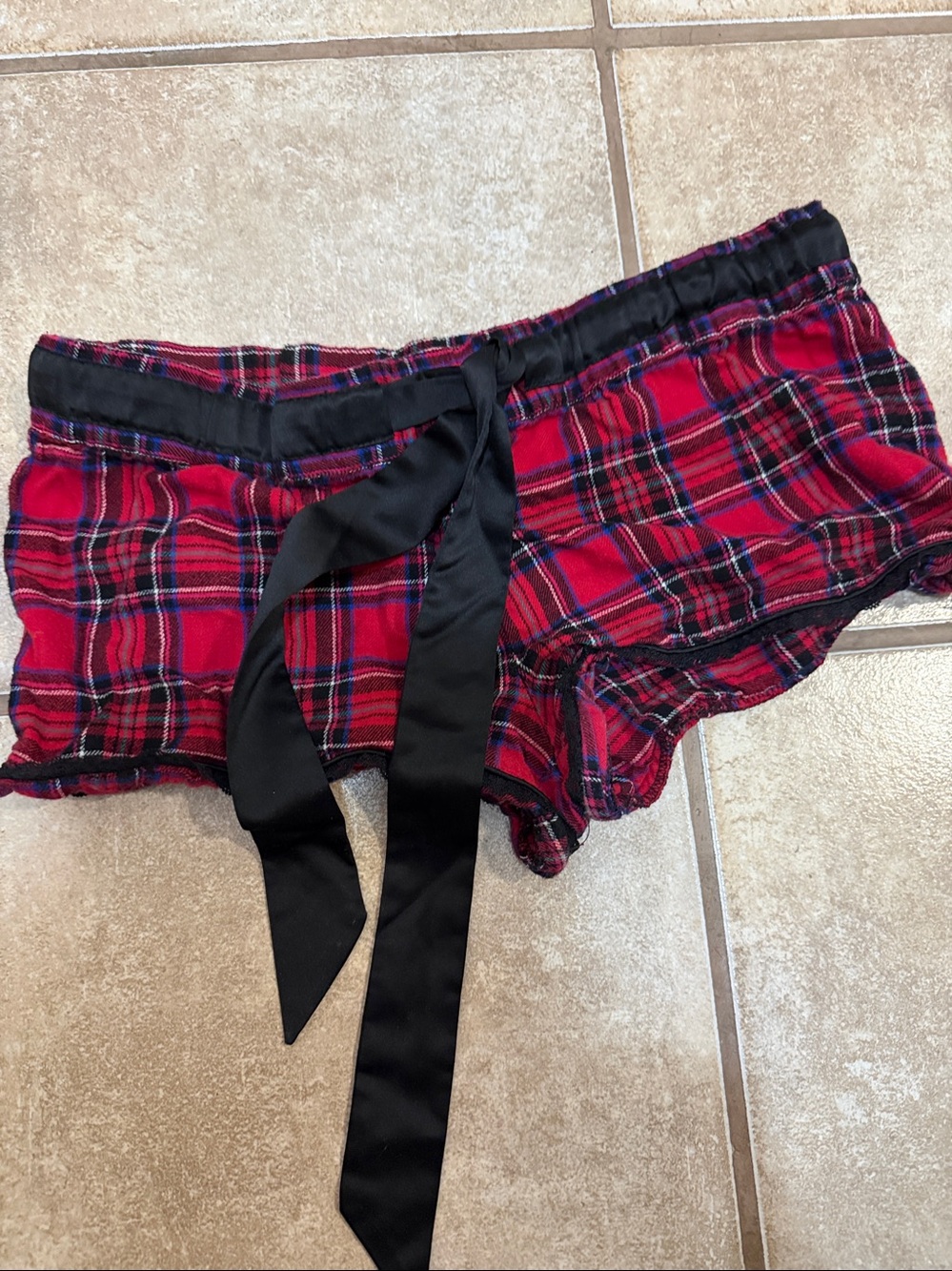 La SENZA Red Plaid High Minnie Shorts with Black Satin Tie